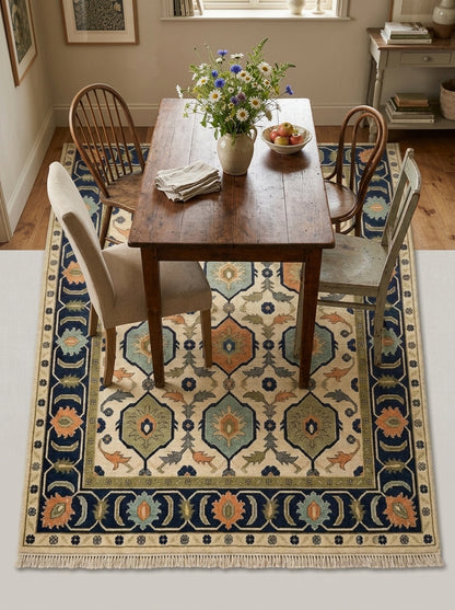 Ivory Navy Hexagon Medallion Hand Knotted Wool Rug, Aqua Orange Olive Geometric