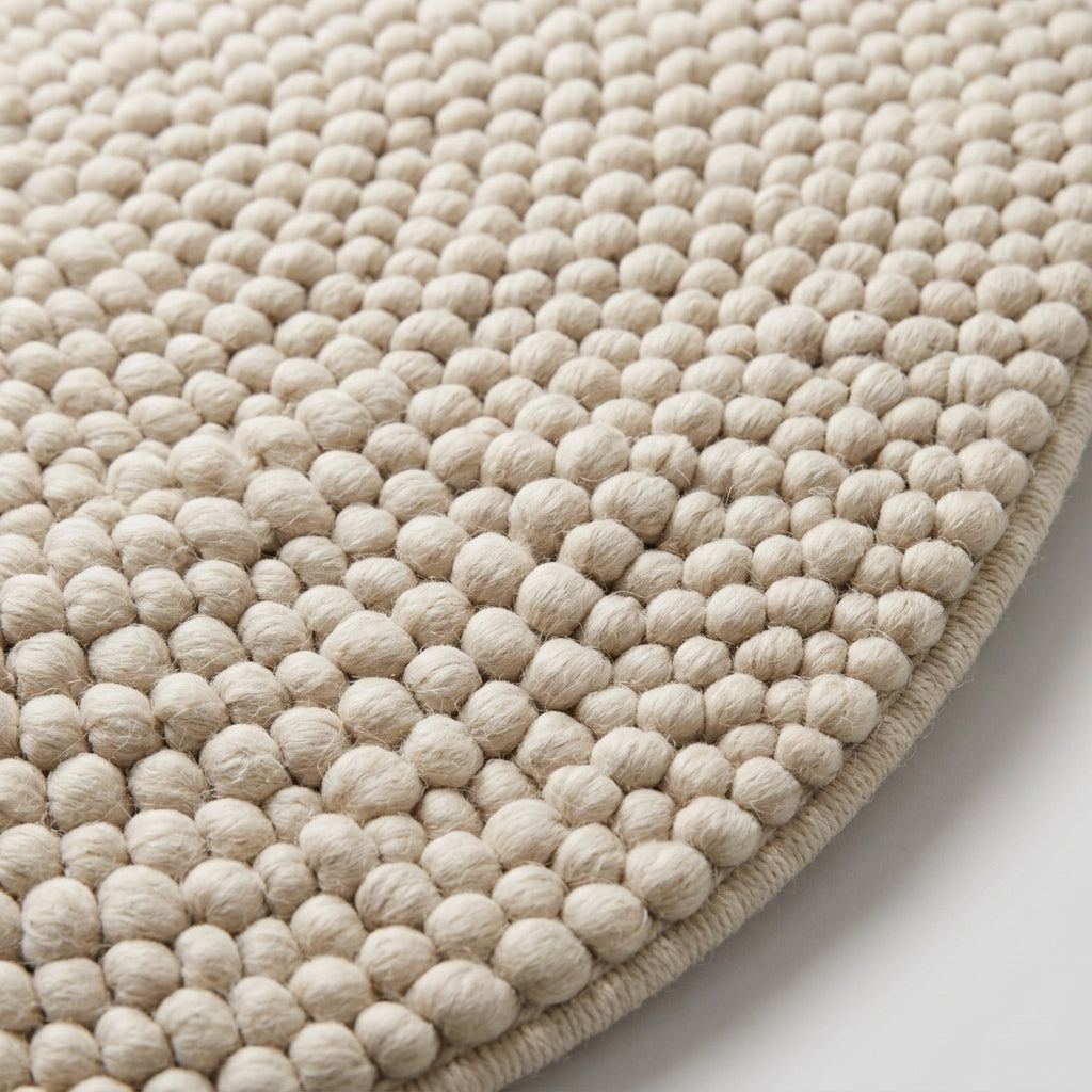 Chunky Wool Rug in cream ivory, with a thick handwoven surface of raised rounded pebble-like loops and a bound edge.