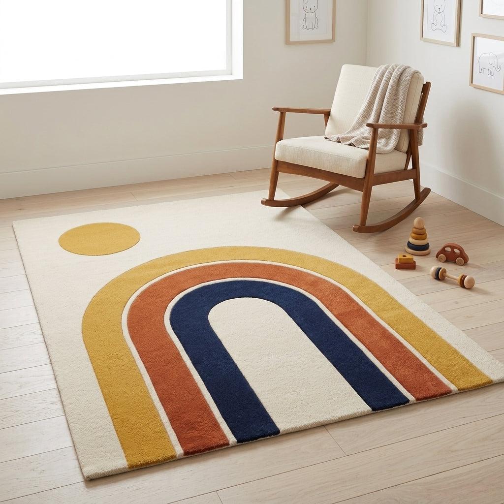 Handmade Retro Rug in soft wool, featuring mustard, rust and navy nested arches on ivory with a matching sun circle.