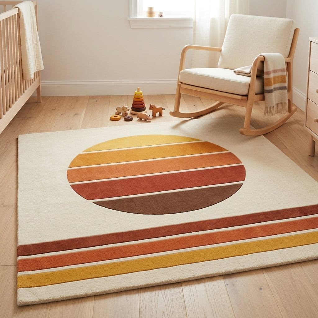 Handmade Retro Rug with ivory wool pile, featuring an earth-toned sunset circle and bold mustard, orange, rust and brown stripes.