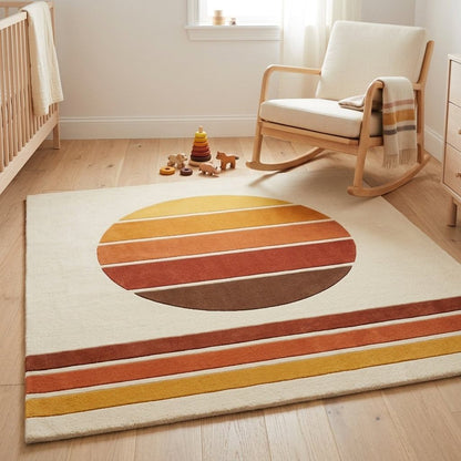 Handmade Retro Rug with ivory wool pile, featuring an earth-toned sunset circle and bold mustard, orange, rust and brown stripes.