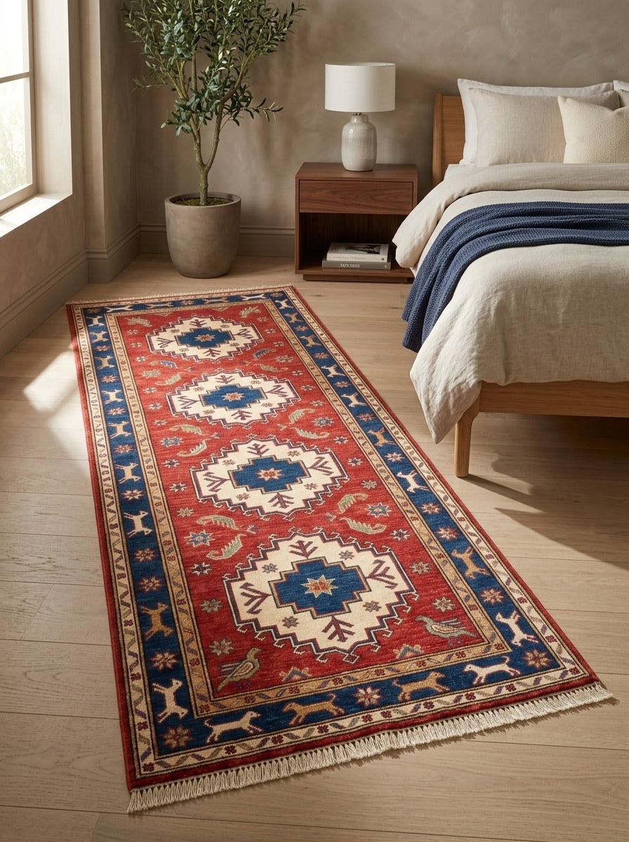 Hand Knotted Oushak Runner Rug in red wool, with ivory stepped medallions, navy star centers, animal border and fringe.