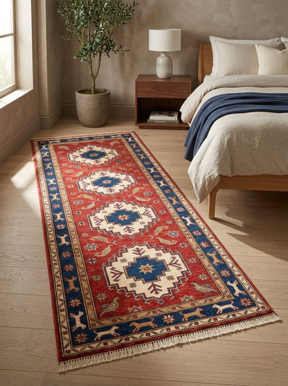 Hand Knotted Oushak Runner Rug in red wool, with ivory stepped medallions, navy star centers, animal border and fringe.