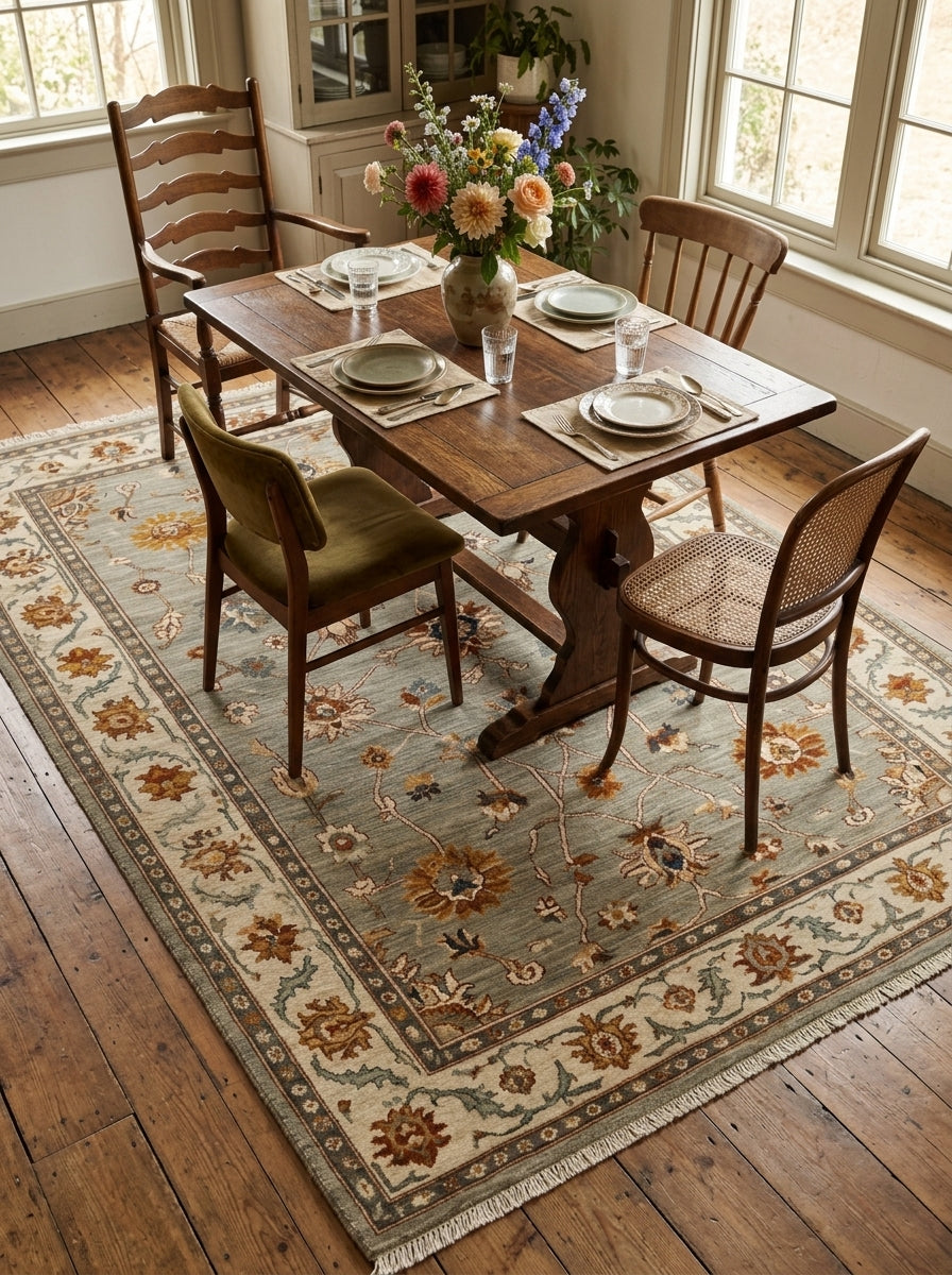 Oushak Hand Knotted Rug in sage gray wool, with rust and ivory florals, delicate vines, and a wide ivory border.