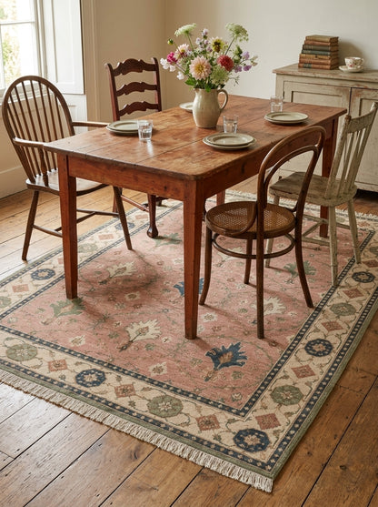 Blush Pink Palmette Hand Knotted Wool Rug, Floral Ogee Lattice Ivory Border