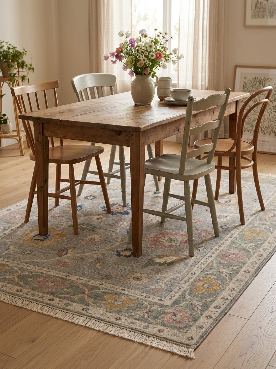 Dove Gray Floral Hand Knotted Wool Rug, Oushak Style Sage Green Border
