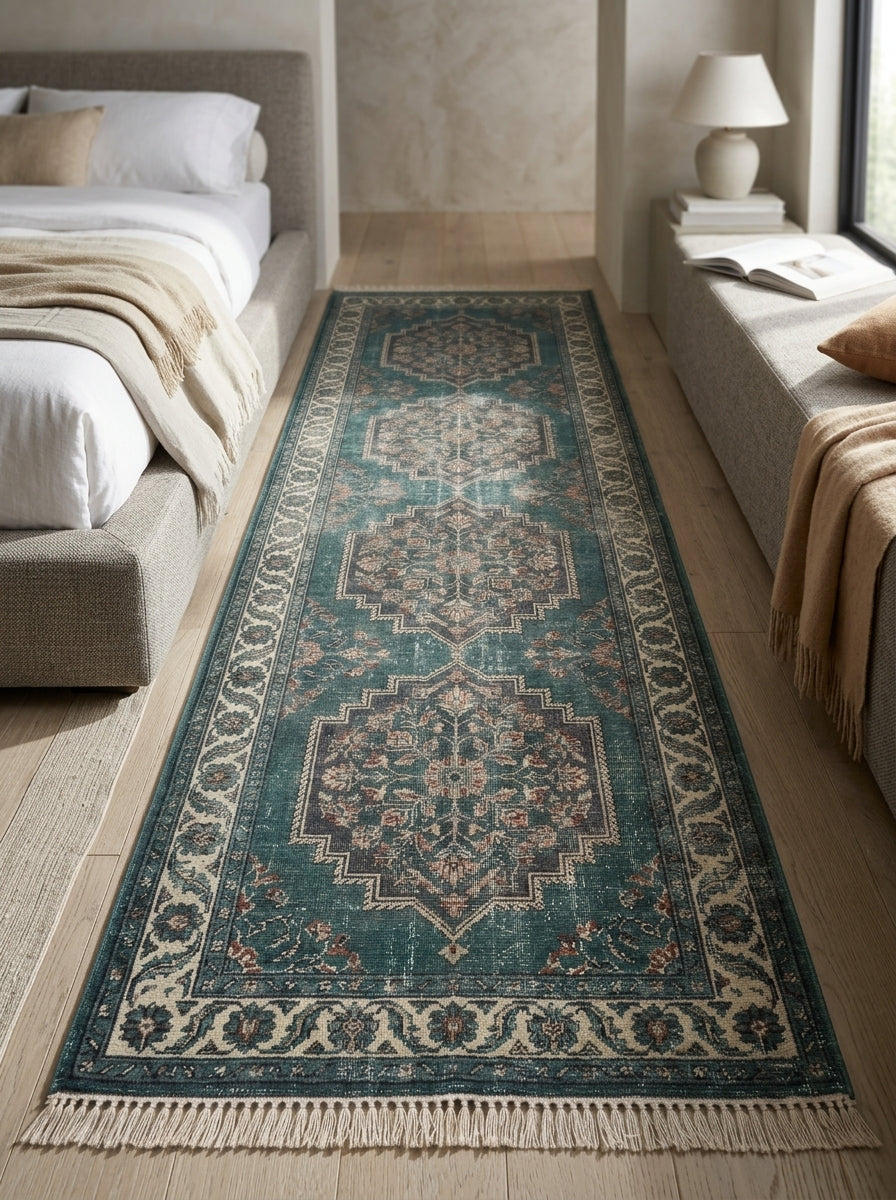 Hand Knotted Oushak Runner Rug in distressed teal wool, with floral medallions, an ivory vine border and fringe.