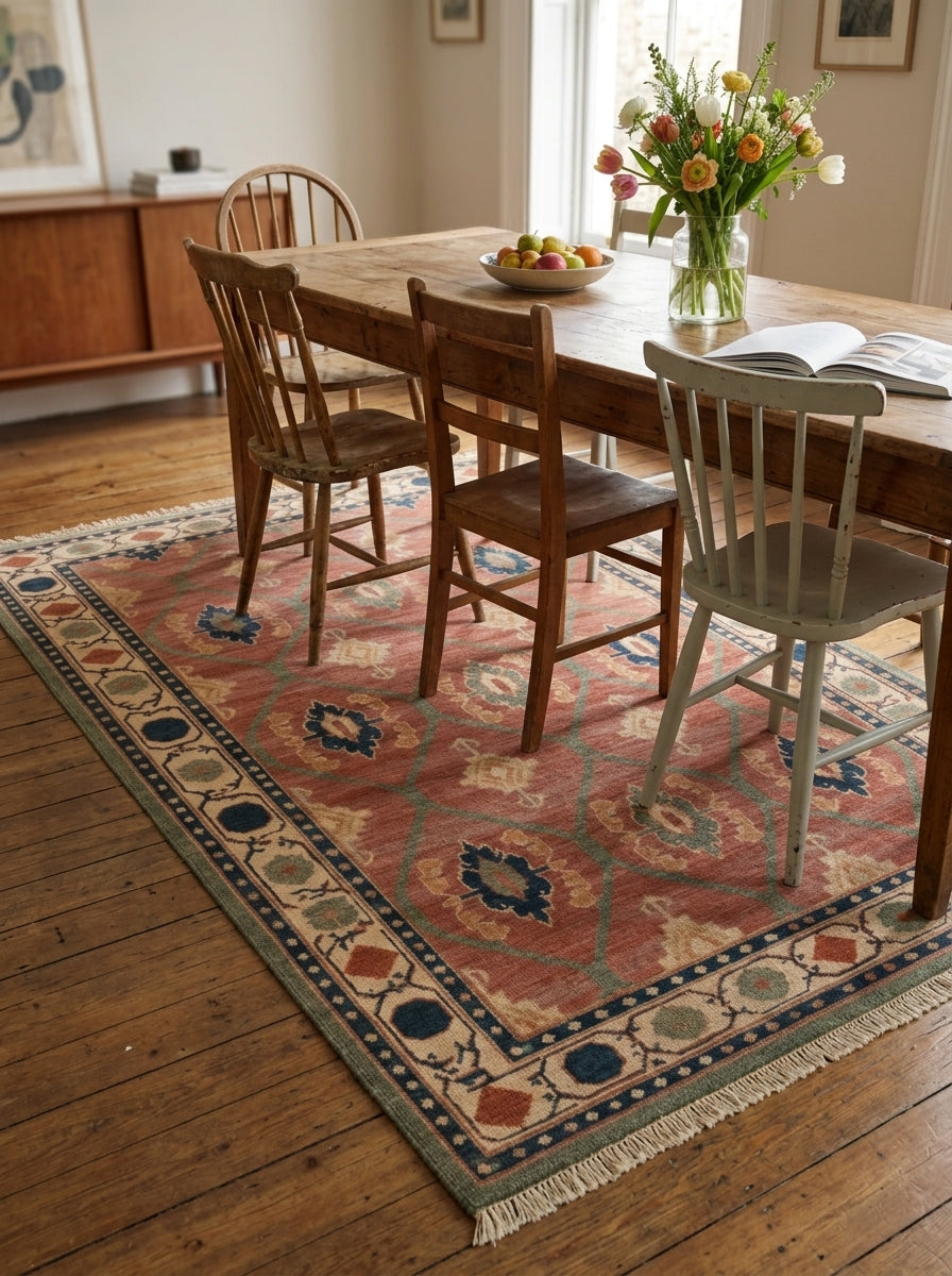 Oushak Hand Knotted Rug in coral pink wool, with sage lattice, navy and ivory medallions, ornate border and fringe.