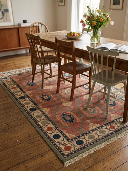 Oushak Hand Knotted Rug in coral pink wool, with sage lattice, navy and ivory medallions, ornate border and fringe.