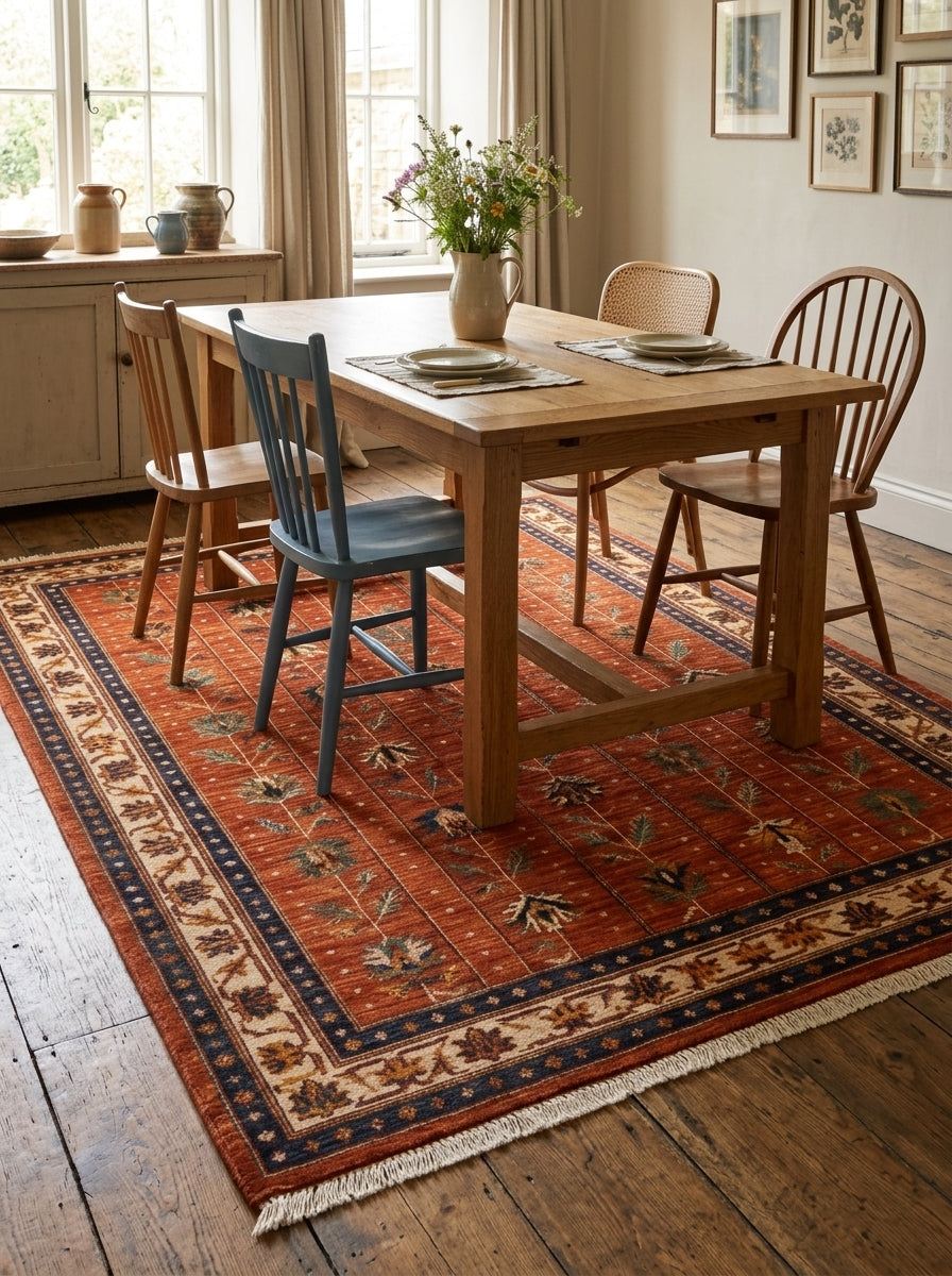 Oushak Hand Knotted Rug in rust red wool, with vertical botanical stems, ivory palmette border and navy guard bands.