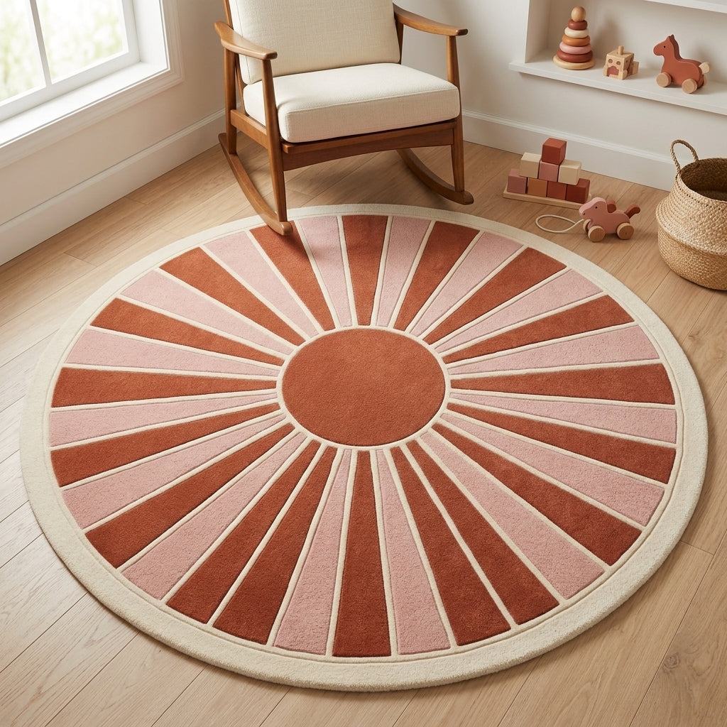 Handmade Retro Rug with a round terracotta and blush pink sunburst, ivory outlines and border, in plush tufted wool.