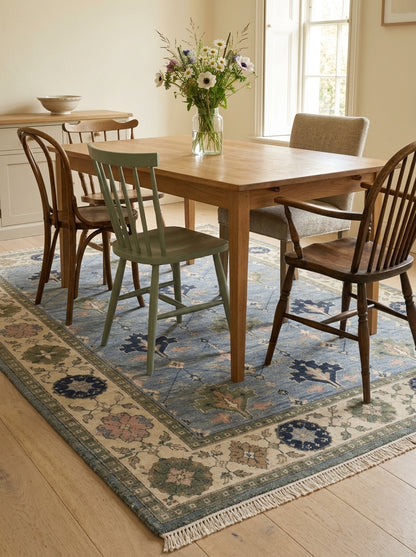Cornflower Blue Geometric Hand Knotted Wool Rug, Tree Motif Ivory Sage Border