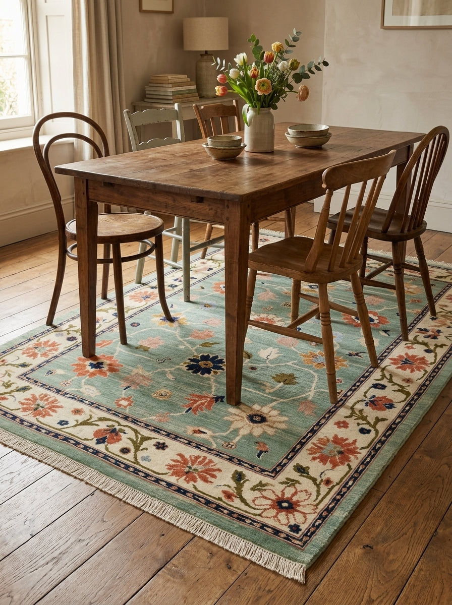 Oushak Hand Knotted Rug in mint green wool, with coral and navy florals, ivory vine border, and fringed ends.