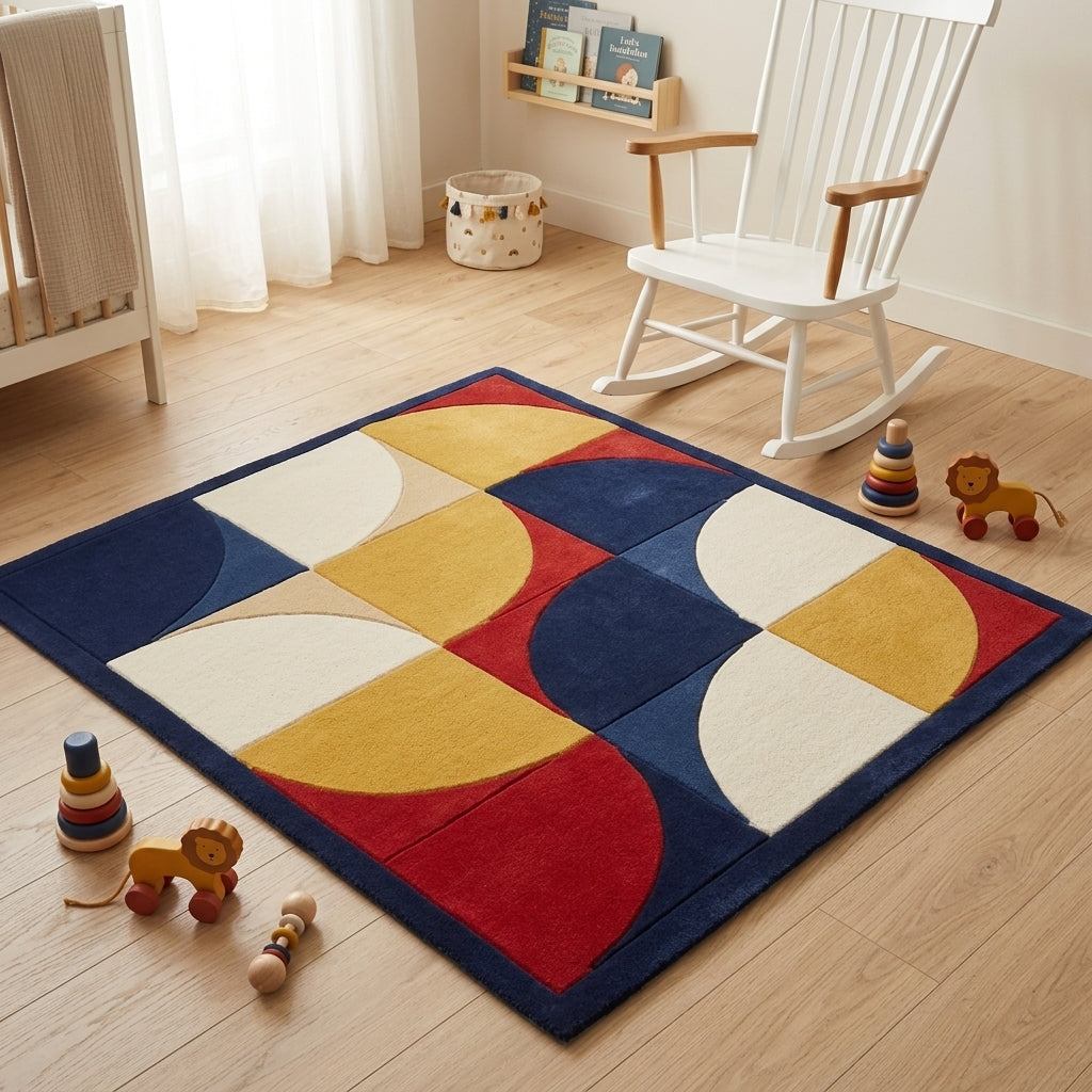 Handmade Retro Rug in tufted wool, with navy border and bold red, mustard and ivory quarter-circle geometric blocks.