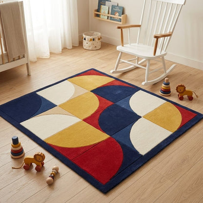 Handmade Retro Rug in tufted wool, with navy border and bold red, mustard and ivory quarter-circle geometric blocks.