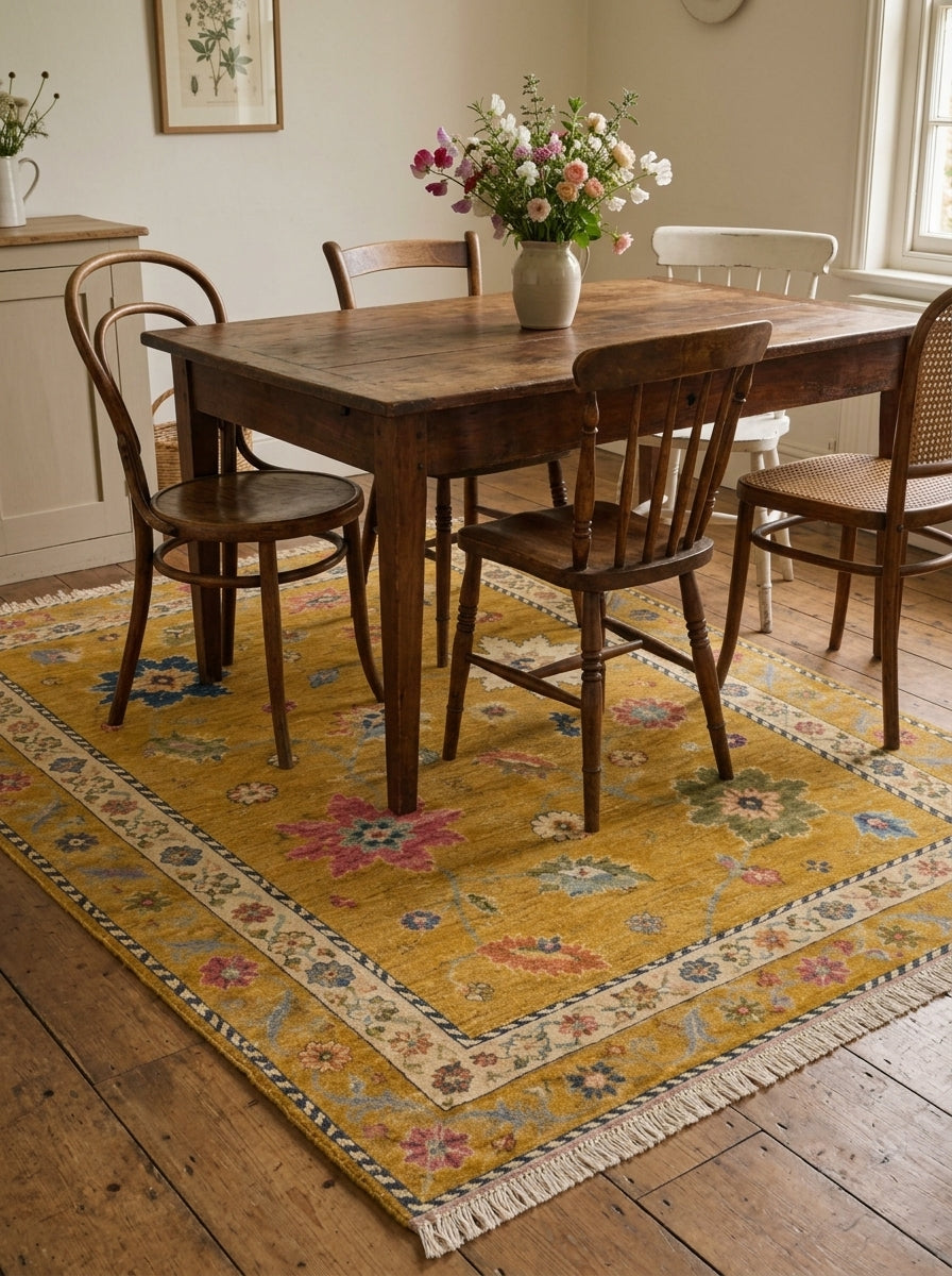 Mustard Yellow Floral Hand Knotted Wool Rug, Oushak Style Ivory Border