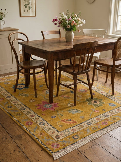 Mustard Yellow Floral Hand Knotted Wool Rug, Oushak Style Ivory Border