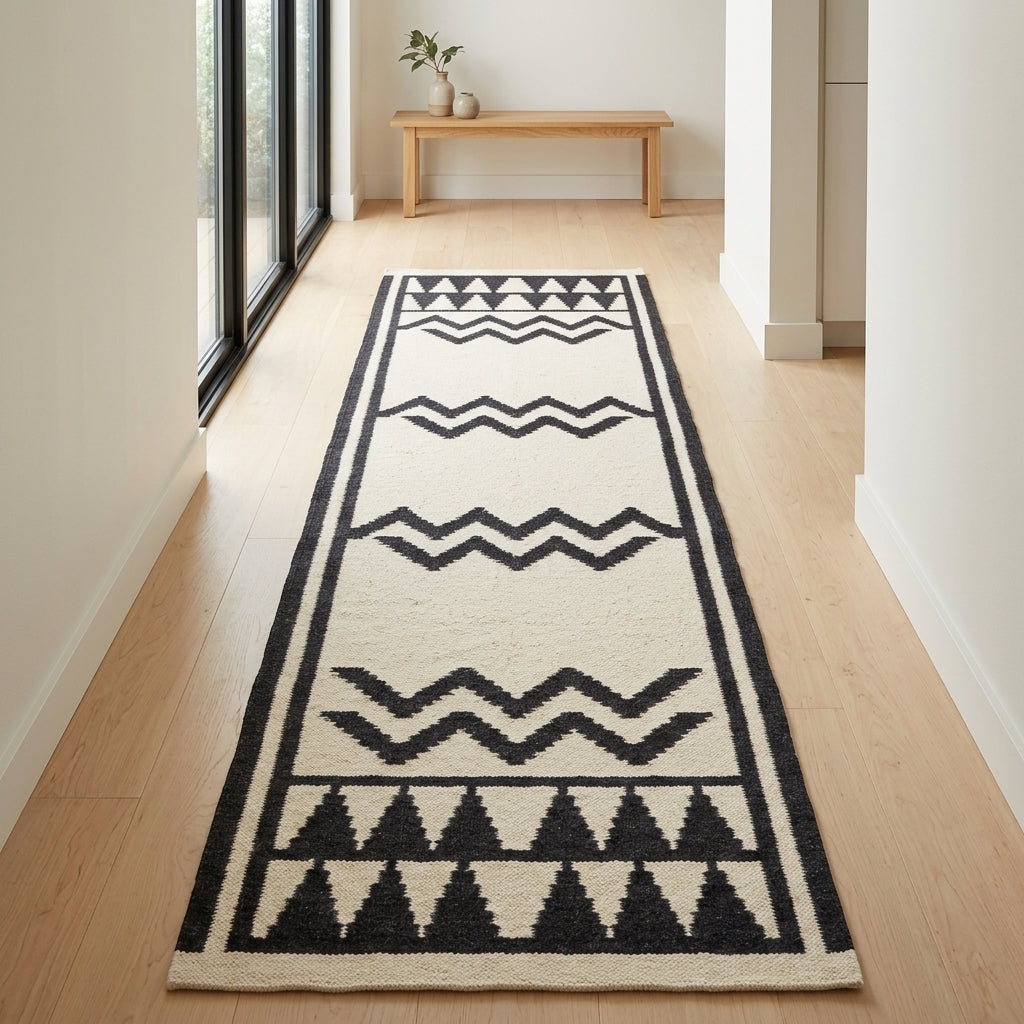 Wool Hand Knotted Oushak Runner Rug in ivory with bold black zigzags, geometric triangles and a dark border