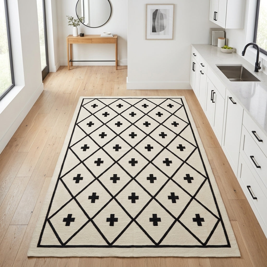 Southwestern Flatweave Wool Rug in ivory with a black diamond lattice and Swiss cross motifs, finished with a slim border.