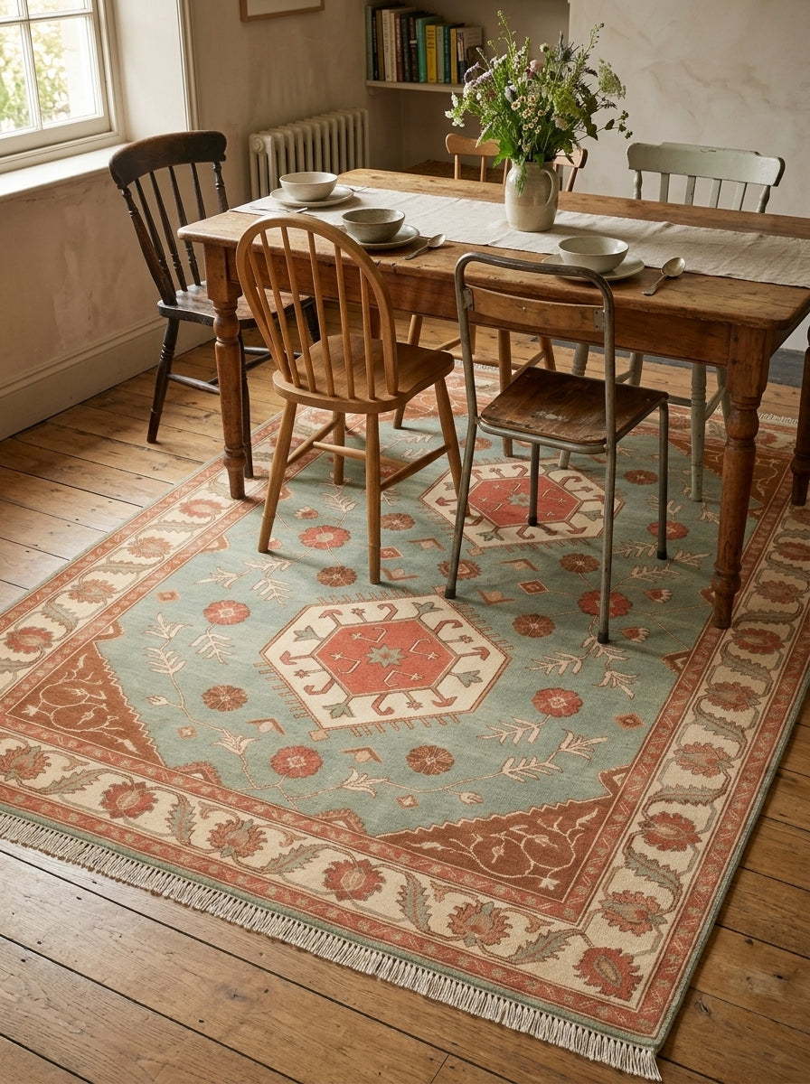 Sage Green Double Medallion Hand Knotted Wool Rug, Kazak Style Coral Ivory Border