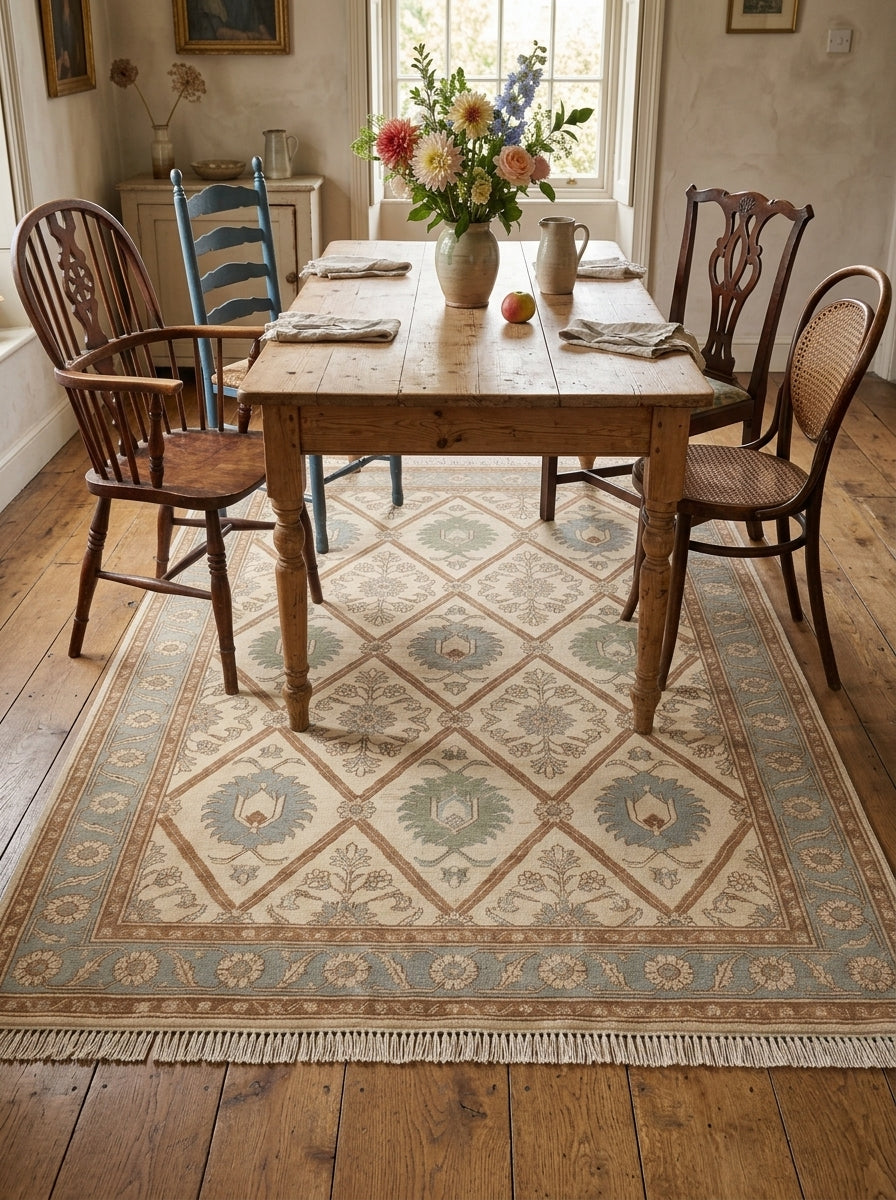 Ivory Garden Lattice Hand Knotted Wool Rug, Floral Powder Blue Border