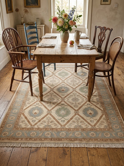 Ivory Garden Lattice Hand Knotted Wool Rug, Floral Powder Blue Border