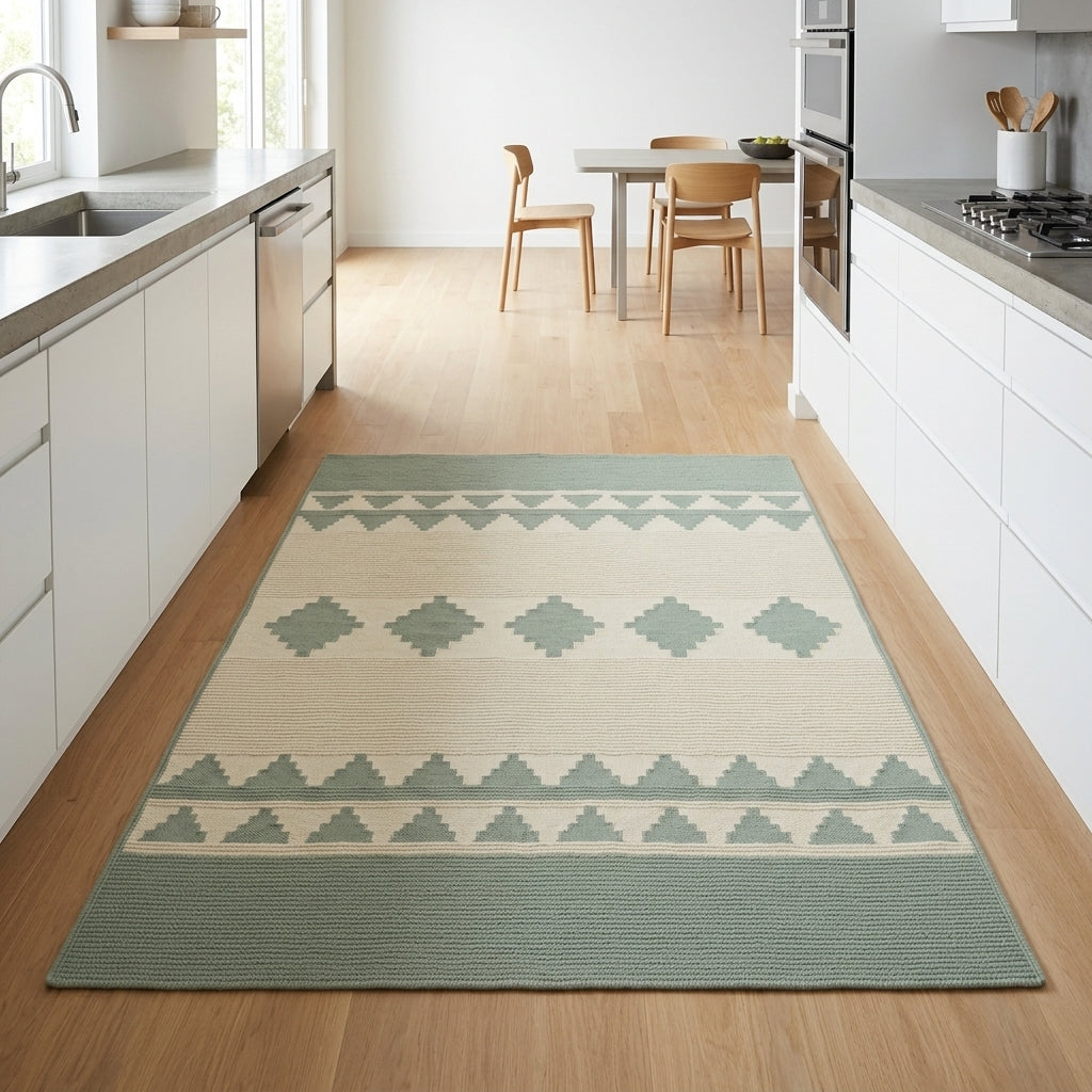 Southwestern Flatweave Wool Rug in sage green and cream, with ribbed texture, stepped triangle borders and diamond motifs.