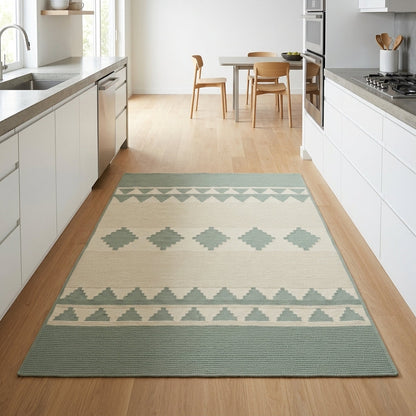 Southwestern Flatweave Wool Rug in sage green and cream, with ribbed texture, stepped triangle borders and diamond motifs.