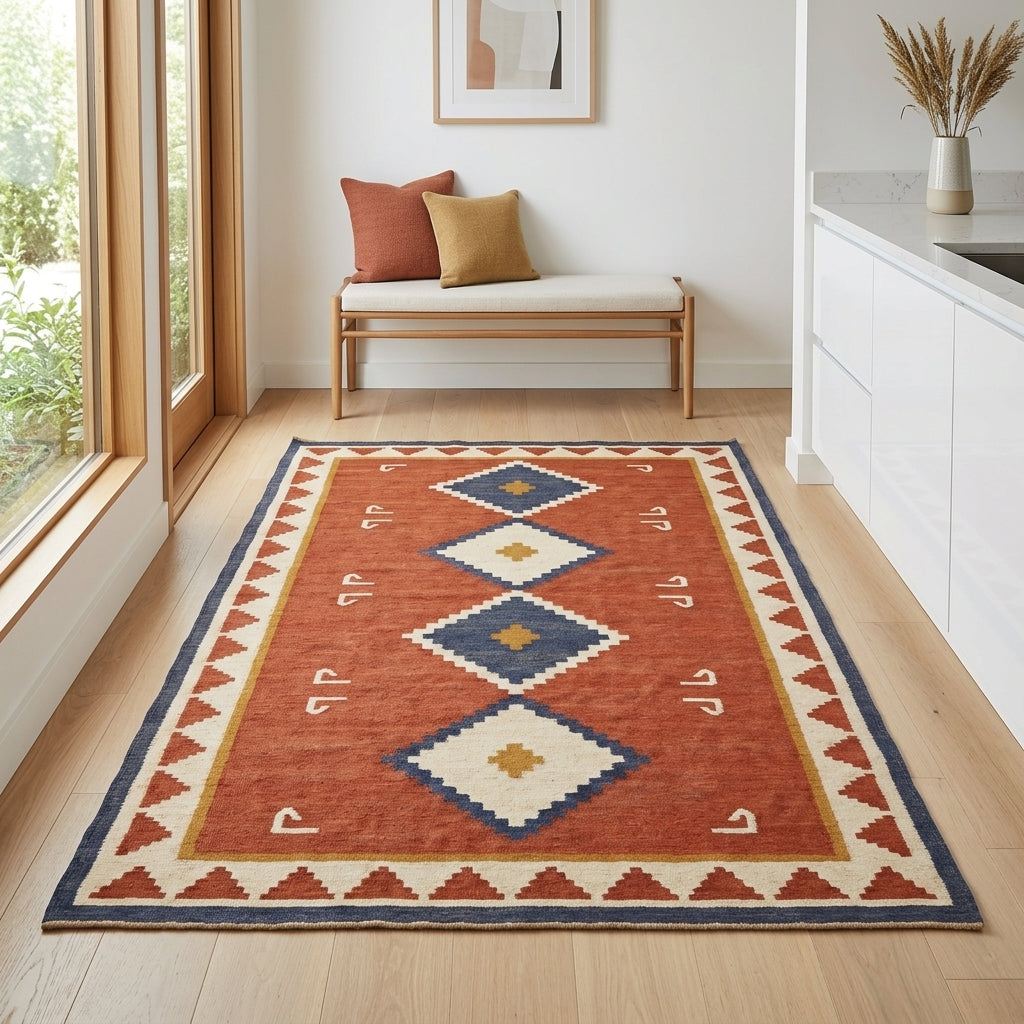Southwestern Flatweave Wool Rug with a rust red field, navy and ivory stepped diamonds, mustard accents, and a geometric ivory border.