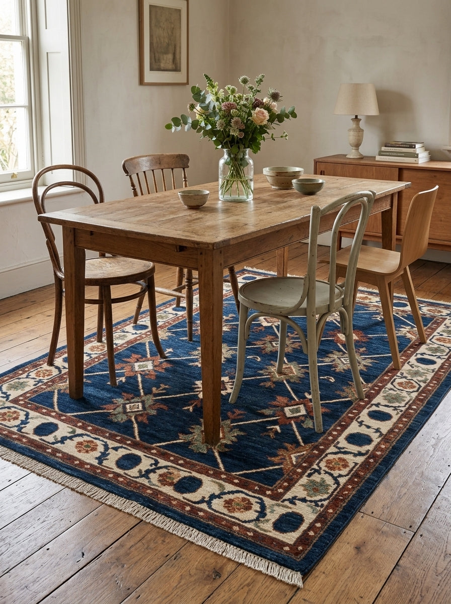 Oushak Hand Knotted Rug in navy wool, with ivory trellis and rust star motifs, ornate ivory border and fringe.