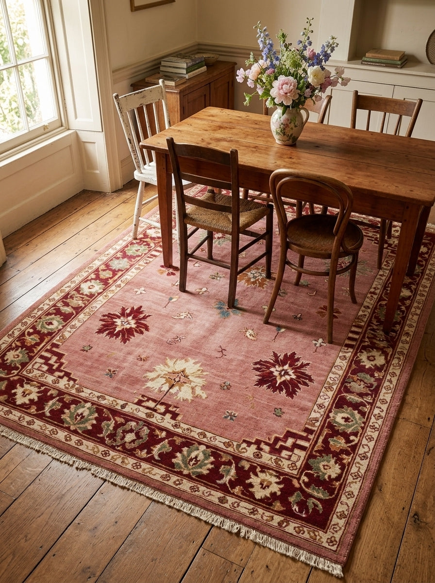 Oushak Hand Knotted Rug in dusty rose wool, with scattered floral motifs, burgundy floral border and fringed ends.