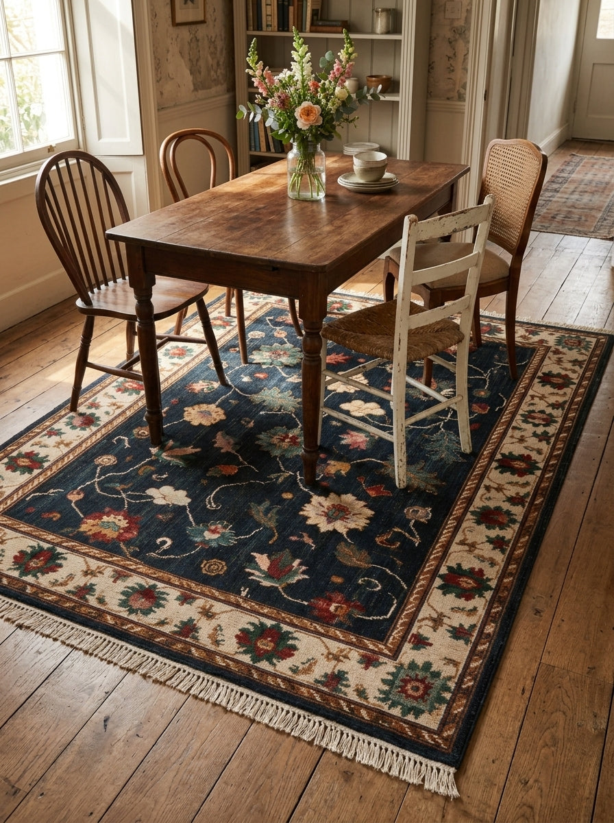 Oushak Hand Knotted Rug in midnight blue wool, with multicolour floral vines, an ivory palmette border and fringe.