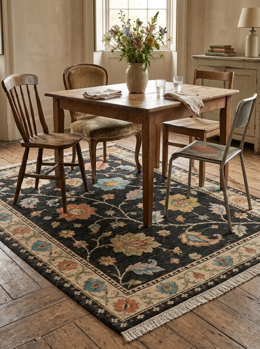 Charcoal Black Floral Hand Knotted Wool Rug, Oushak Style Ivory Border