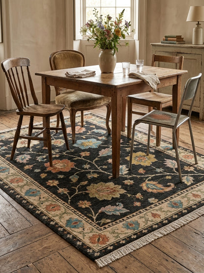 Charcoal Black Floral Hand Knotted Wool Rug, Oushak Style Ivory Border