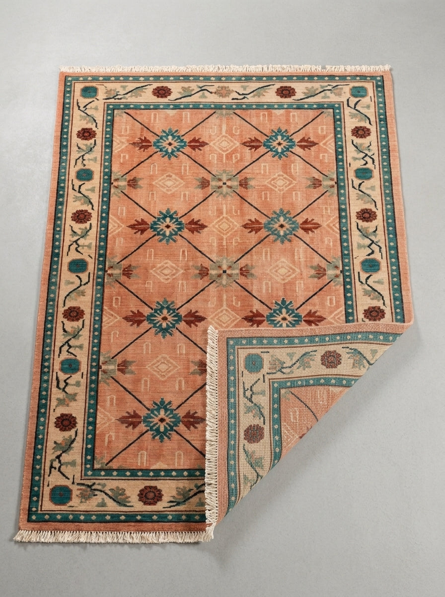 Terracotta Teal Trellis Hand Knotted Wool Area Rug with a terracotta field, teal and rust medallions, and ivory floral border.