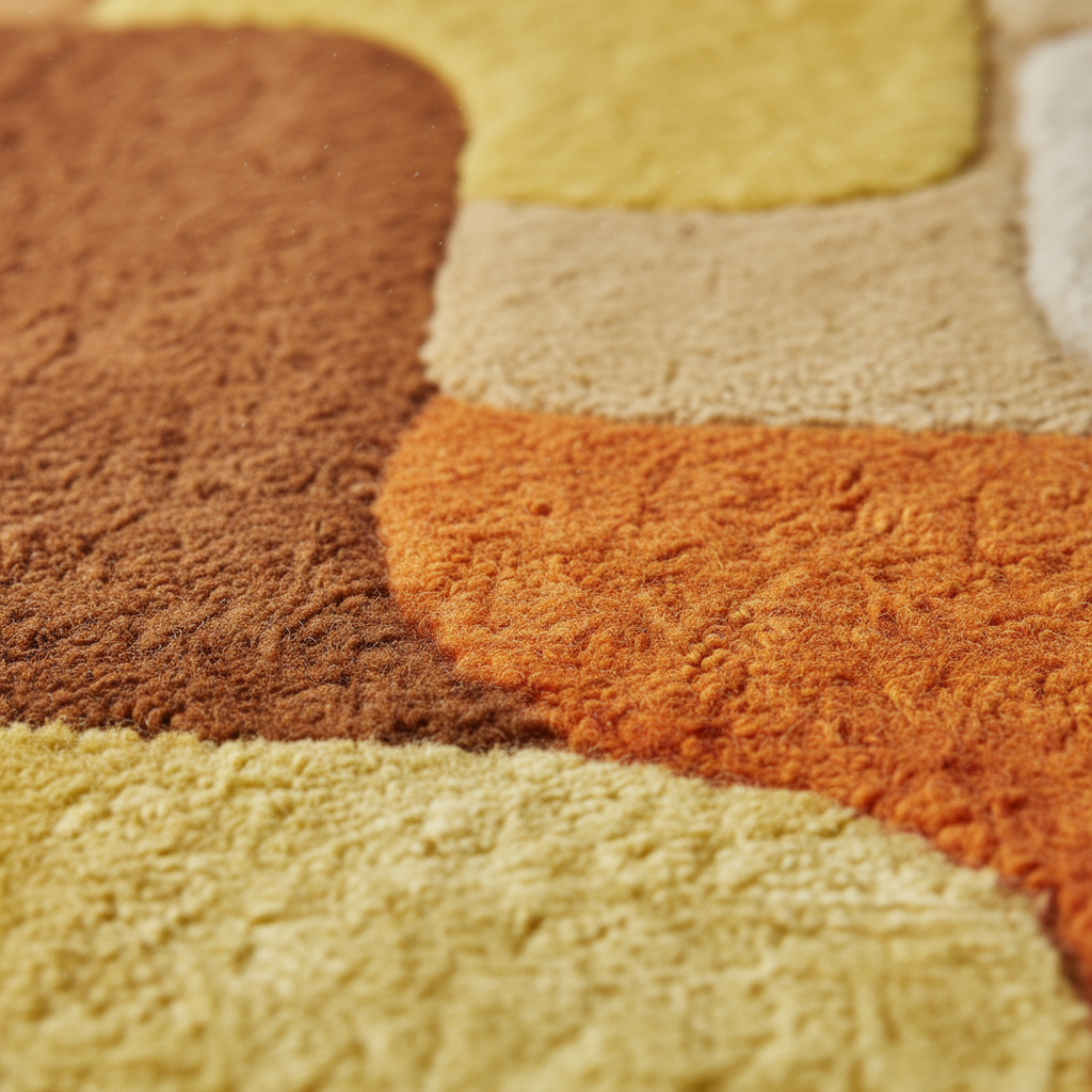 Handmade tufted wool rug with retro geometric design in warm sunset tones for vintage mid century decor