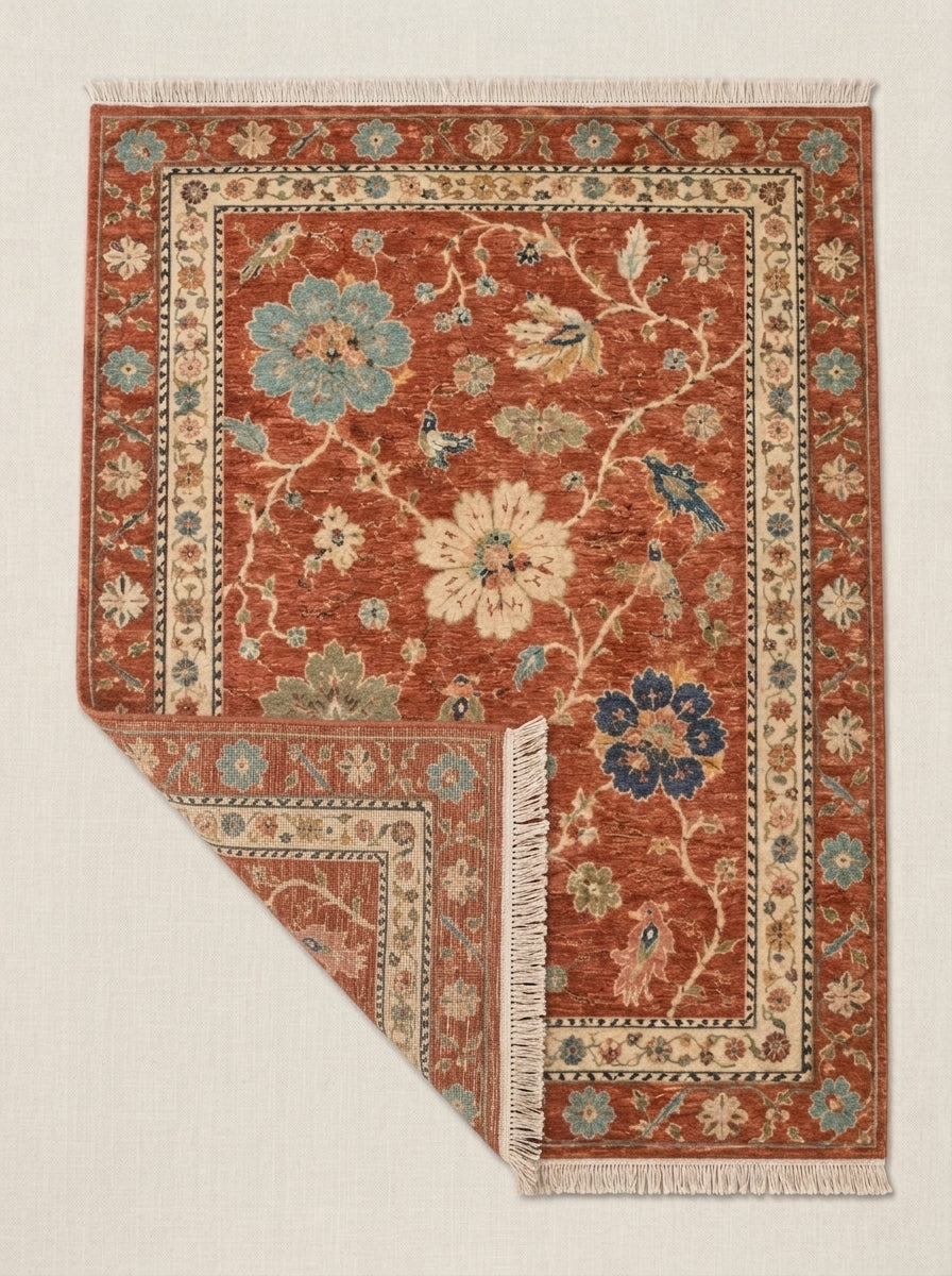 Terracotta Floral Bird Hand Knotted Wool Rug, Oushak Style Ivory Border