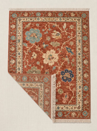 Terracotta Floral Bird Hand Knotted Wool Rug, Oushak Style Ivory Border