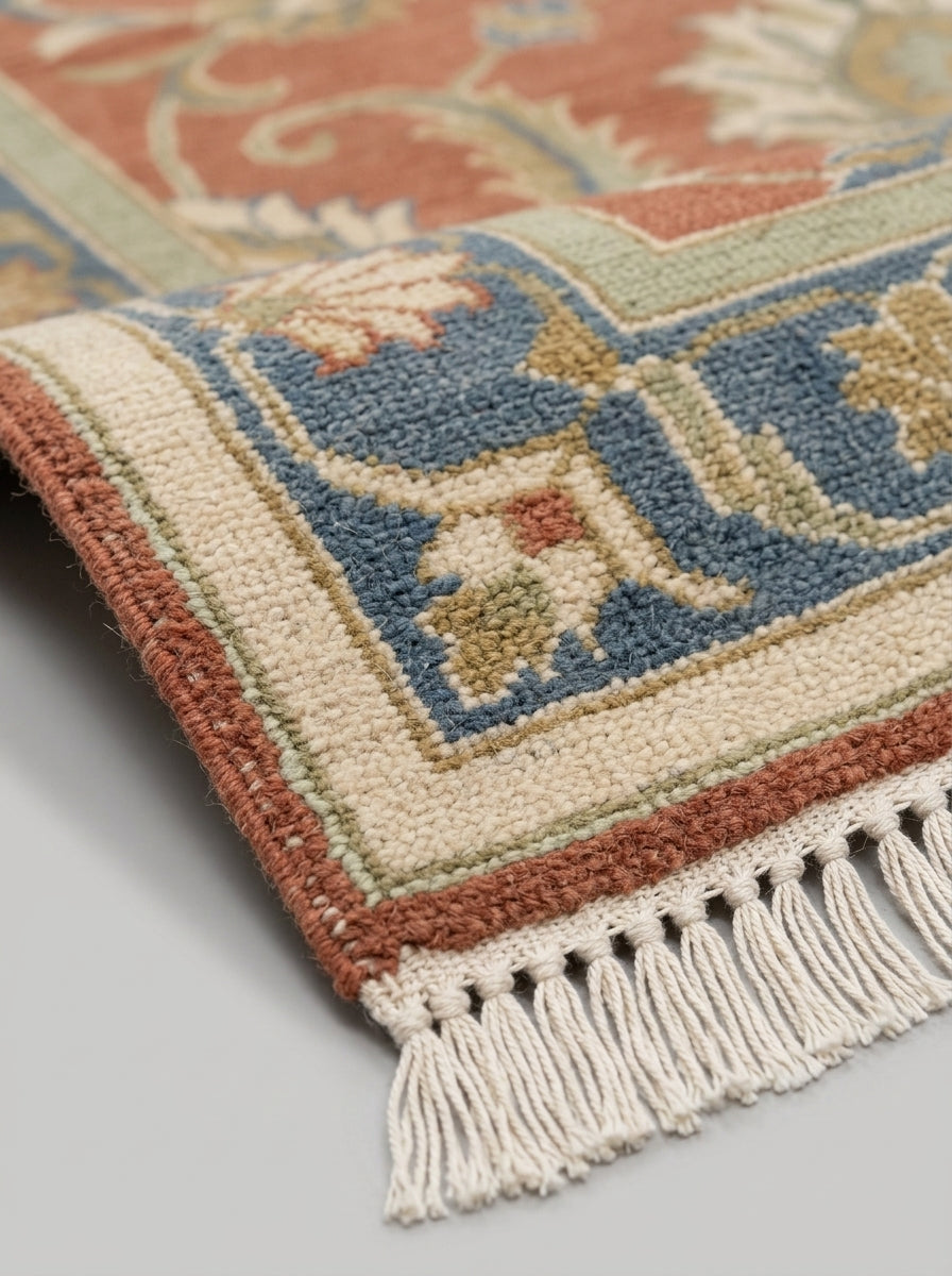 Hand Knotted Oushak Runner Rug in wool, with a terracotta, blue, sage and ivory floral pattern and knotted fringe.