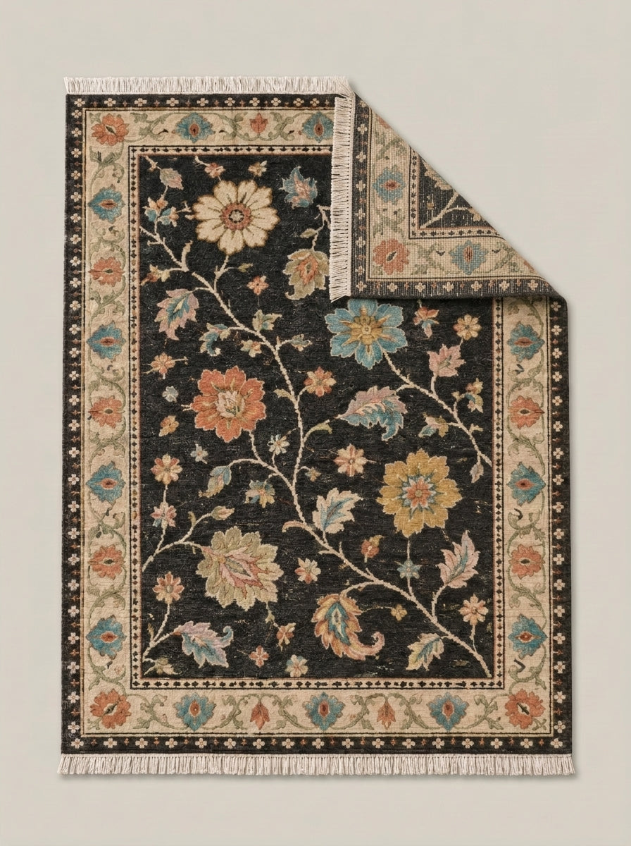 Charcoal Black Floral Hand Knotted Wool Rug, Oushak Style Ivory Border