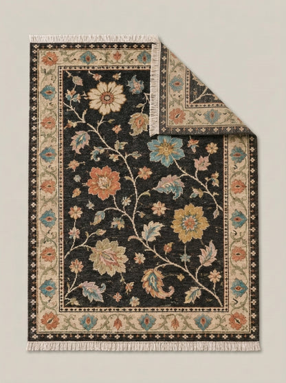 Charcoal Black Floral Hand Knotted Wool Rug, Oushak Style Ivory Border