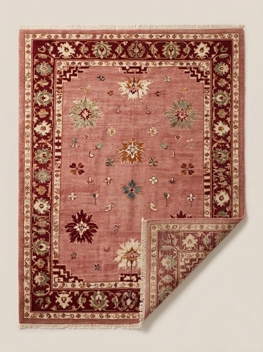 Oushak Hand Knotted Rug in dusty rose wool, featuring scattered floral motifs, stepped corners and a burgundy floral border.