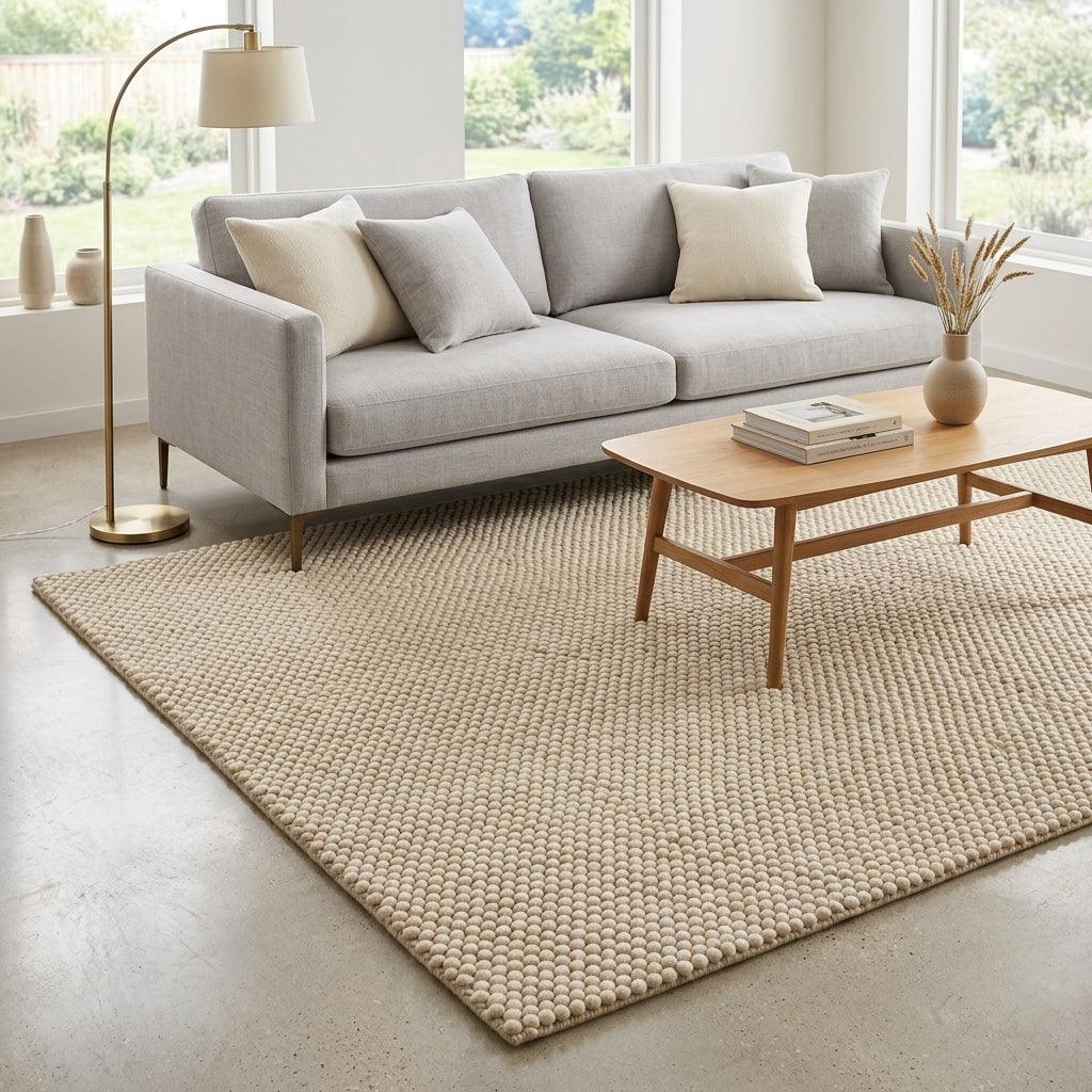 Chunky Wool Rug in natural beige with a thick, tightly woven bobble texture and a simple rectangular shape.
