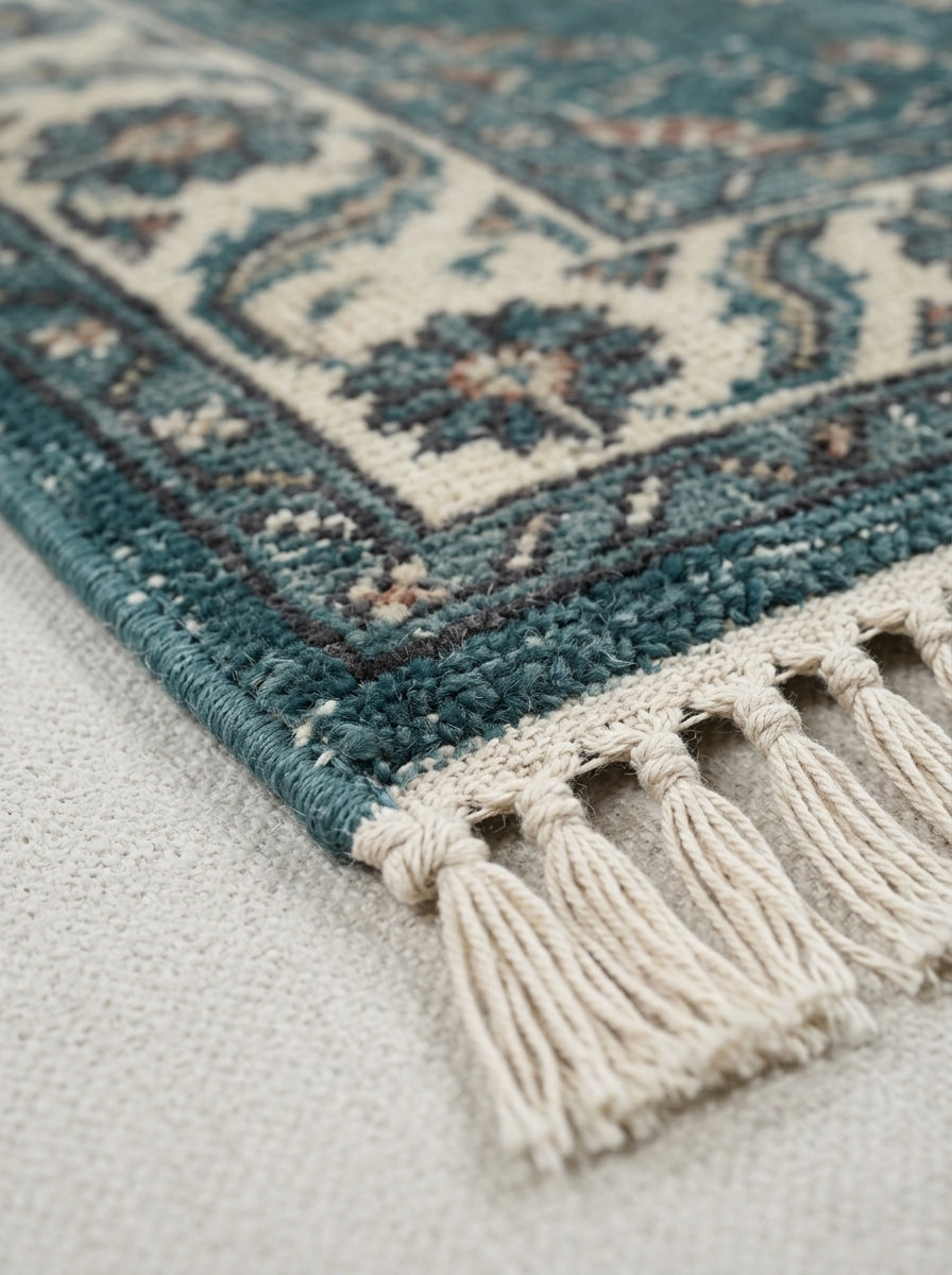 Hand Knotted Oushak Runner Rug in teal and ivory wool, with distressed floral medallion pattern and ivory fringe.