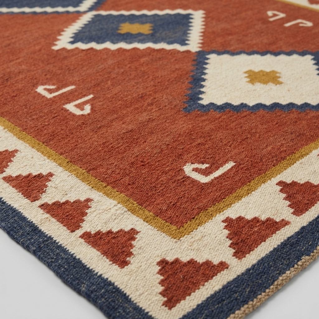 Southwestern Flatweave Wool Rug in rust red, ivory, navy and mustard, with diamond motifs and stepped triangle border.