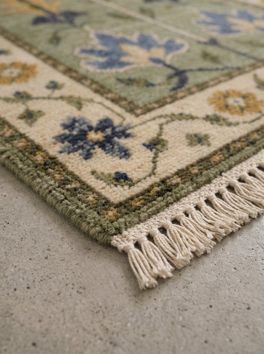 Hand Knotted Oushak Runner Rug in sage green and ivory wool, with blue floral motifs, leafy border, and ivory fringe.