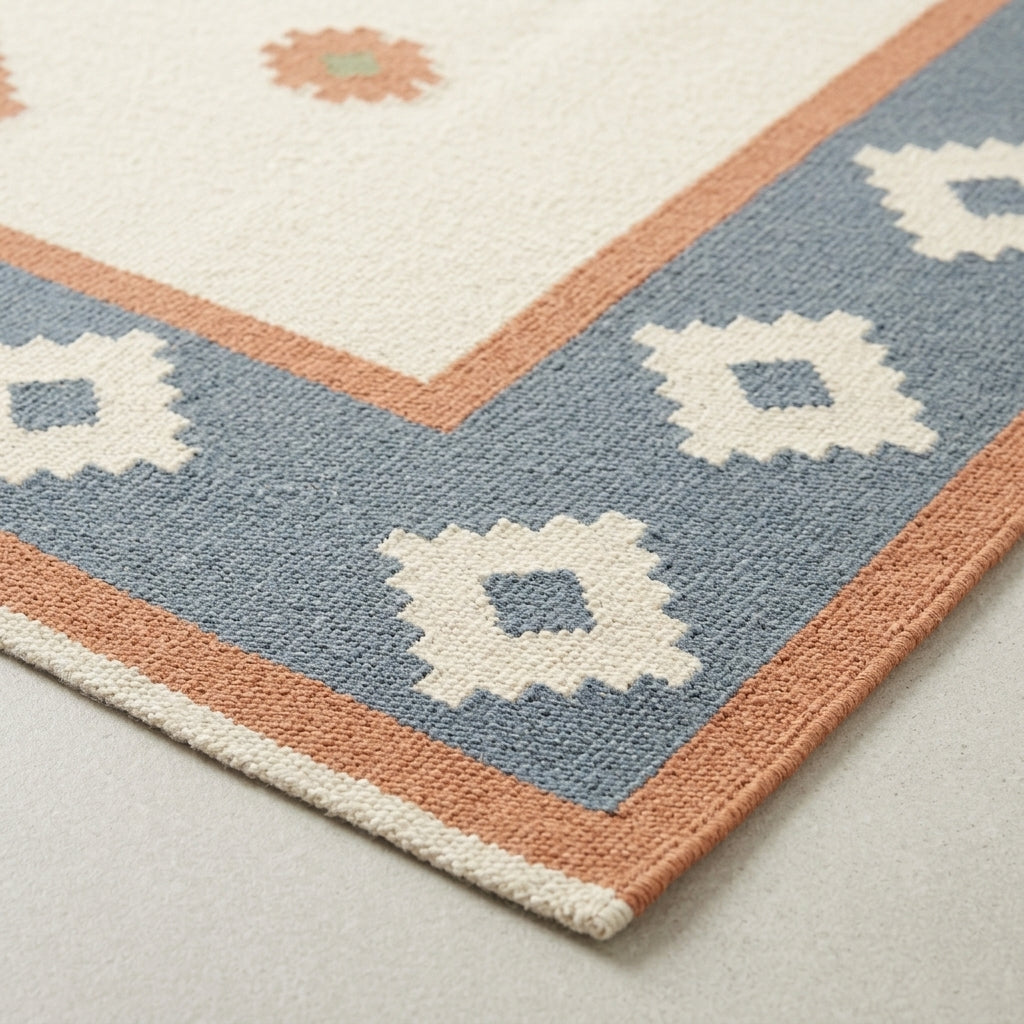 Southwestern Flatweave Wool Rug in dusty blue, ivory and peach, with stepped geometric motifs and a flatwoven texture.