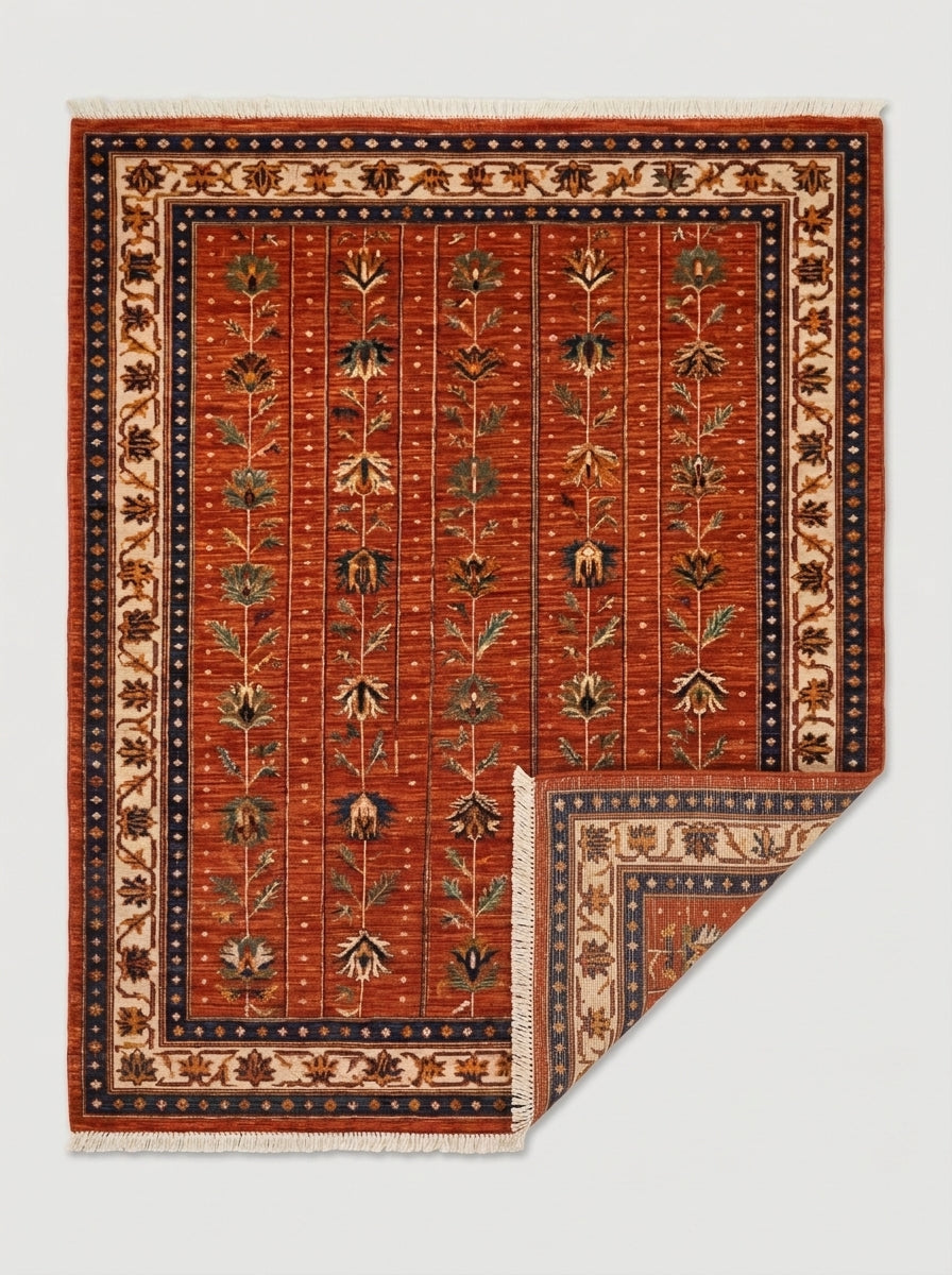 Oushak Hand Knotted Rug in rust red wool, with vertical botanical stems and an ivory, navy and gold floral border.