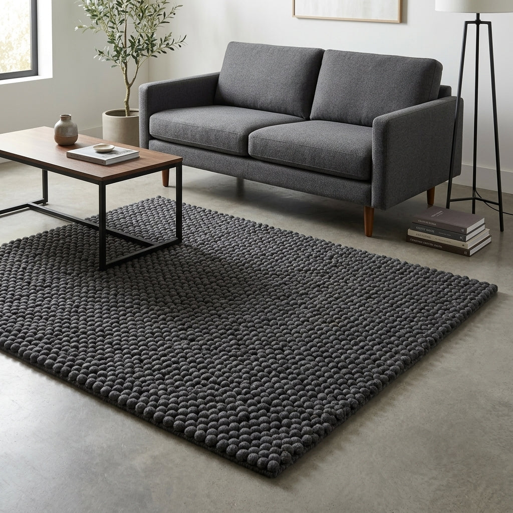 Chunky Wool Rug, Handwoven Pebble Texture Area Rug, Charcoal Gray Carpet, Modern Minimalist Scandinavian Decor, Thick Cozy Living Room Floor Rug