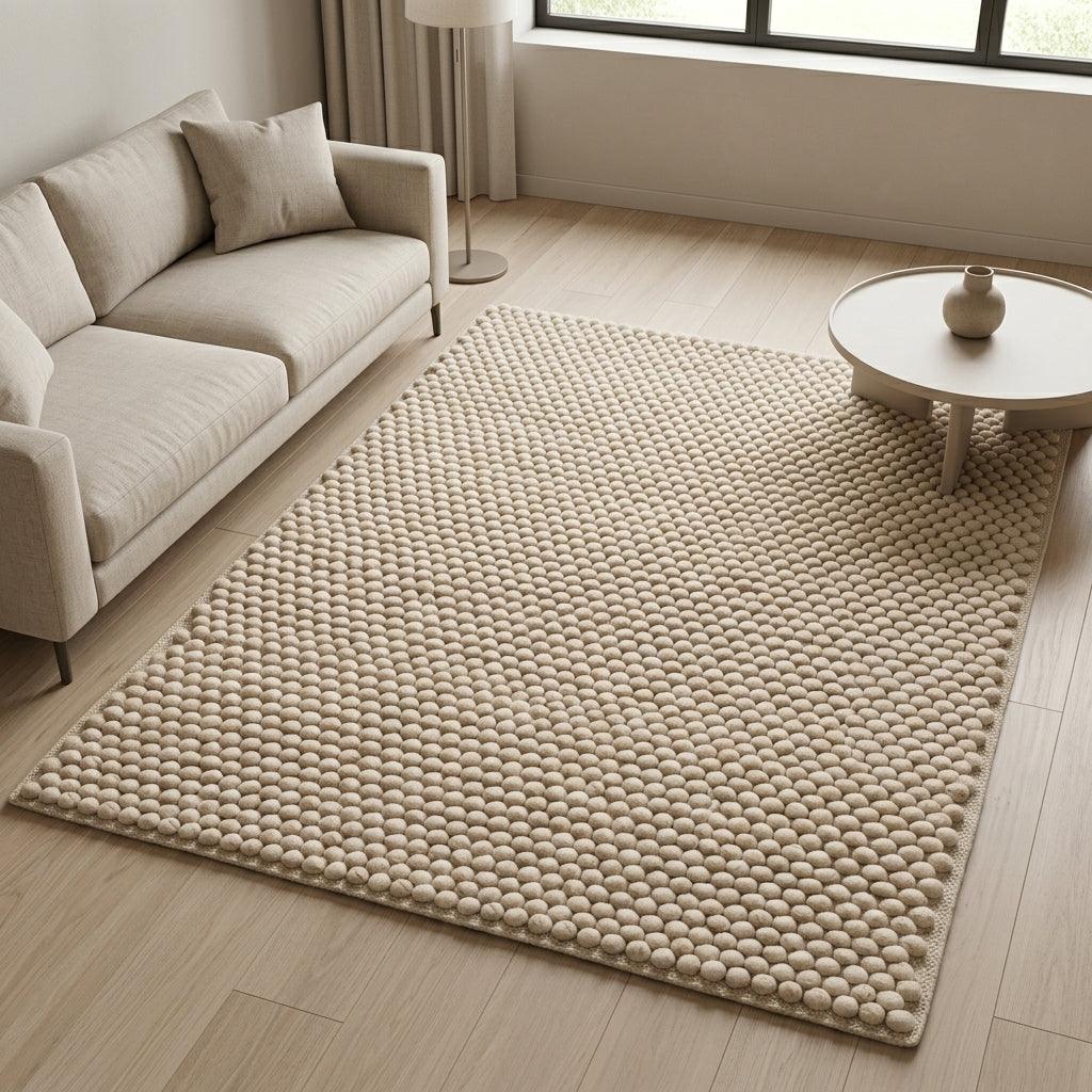 Chunky Wool Rug in oatmeal and cream melange, with a thick handwoven pebble texture and neatly finished edges.